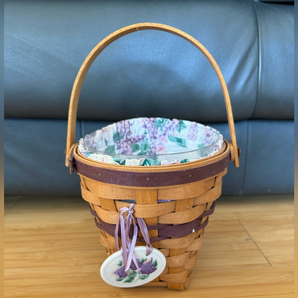 Longaberger 1994 Basket 6 1/2” x 6 1/2“ lilac cloth liner and ceramic ornament